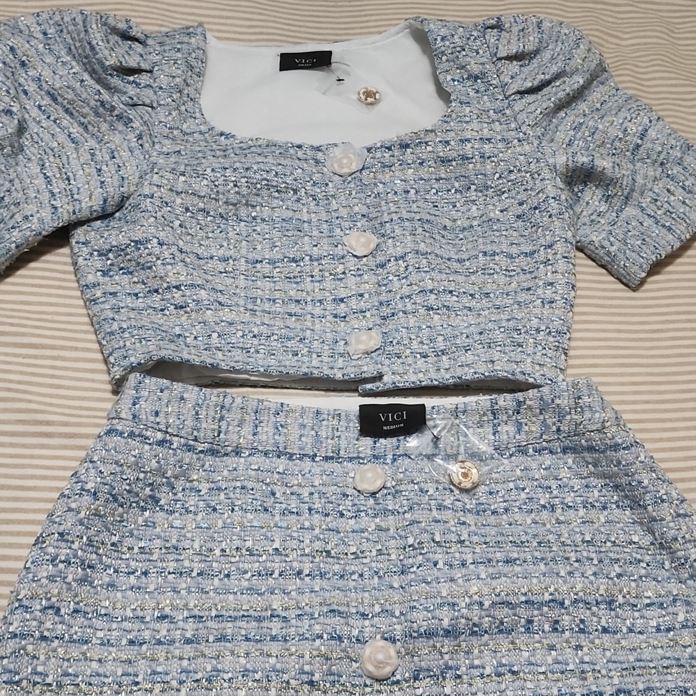 Vici Light Blue Tweed Button Front Crop Top - Picture 3 of 4